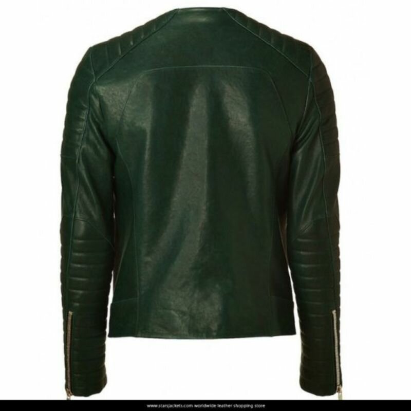 Kid Cudi Collarless Dark Green Quilted Biker Jacket