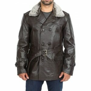 Fur Collar Mens Brown Trench Leather Coat